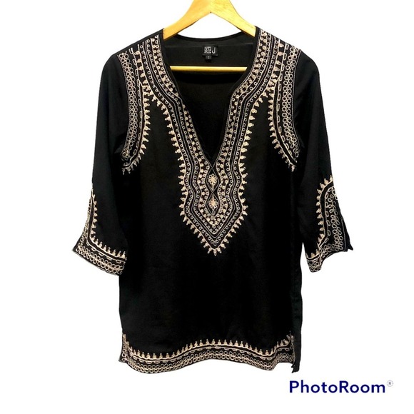 Black Embroidered Bohemian Tunic Women’s Oversized Size Small Coastal Grandma - Picture 1 of 6